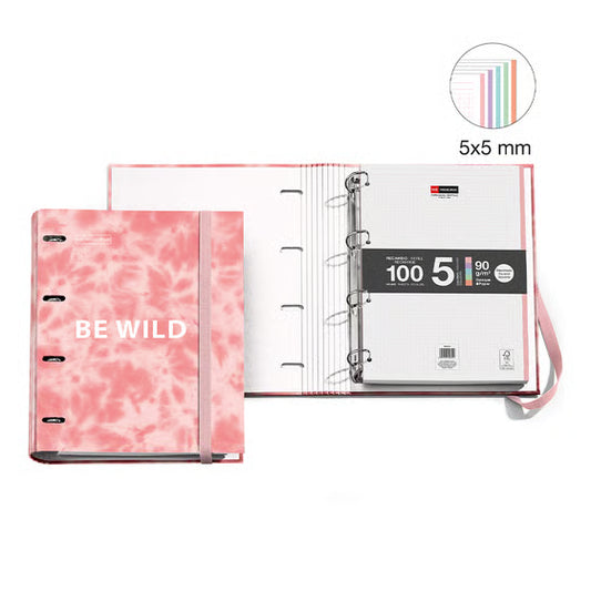 Classeur A4 MIQUELRIUS Tie Dye rose 4 anneaux + bloc 100 feuilles A4 copies simples perforées petits carreaux 5x5